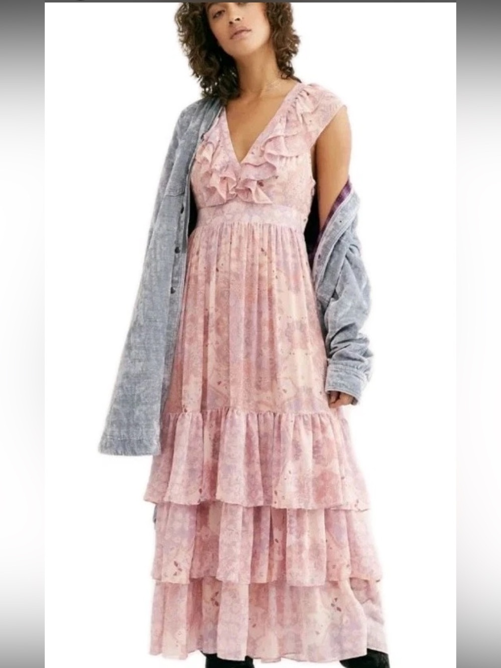 Free People Wear It Out Pink Tiered Ruffle Maxi Dress Size 4